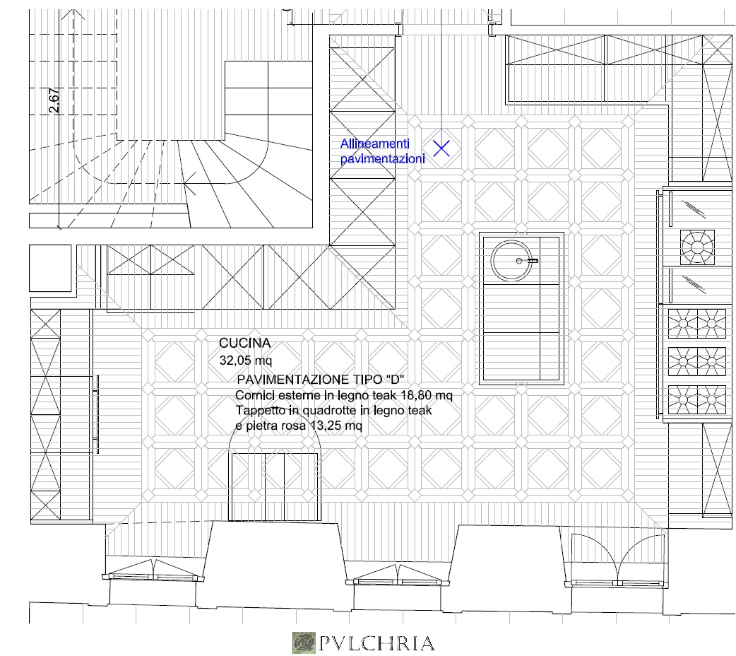 Pianta Pulchria di cucina da 32,05 mq con pavimento tipo D: cornici in teak e tappeto a quadrotte di teak e pietra rosa